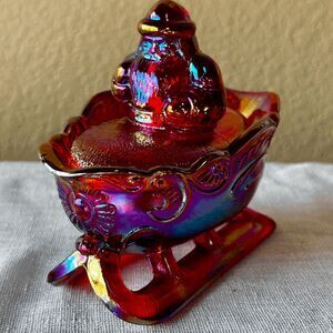 Vintage Mosser Glass Ruby Red Carnival Santa Sleigh – Two-Piece Dish, USA Made